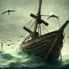 Old Ships in Stormy Sea with Seagulls: Greenish Sky