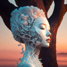 Surreal woman with tree hair profile against sunset sky