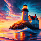 Scenic painting of lighthouse on rocky outcrop at sunset