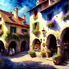 Old European-style buildings on cobblestone street with bright flowers and lit lanterns