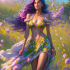 Fantasy female character with purple hair, dark attire, and spider companion in floral setting.