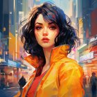 Dark-haired woman in yellow jacket against vibrant cityscape