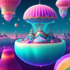 Colorful Floating Islands with Intricate Architecture in Starry Sky