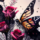 Colorful Artwork: Purple Roses & Butterflies with Monarch Butterfly in Flight