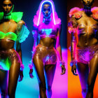 Model showcases vibrant sheer futuristic attire in three poses under neon lights on colorful gradient background.