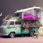 Illustration of retro turquoise VW bus as mobile greenhouse with lush flowers under gradient sky