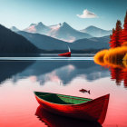 Tranquil lake scene with canoe, sailboat, autumn trees, mountains, and sunset