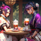 Traditional Asian women in tea ceremony surrounded by lush foliage