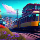 Digital artwork: Yellow tram in picturesque town with purple trees & blue sky