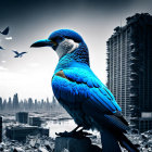 Blue bird on ruin in desolate cityscape with flying birds and skyscrapers