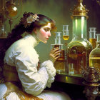 Victorian lady in steampunk laboratory with intricate glassware