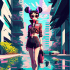 Illustration of woman with mouse ears in flooded street with vibrant colors