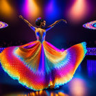 Vibrant dancer in flowing dress on stage with colorful lights