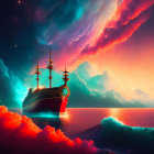 Vibrant surreal image: old sailing ship at sea under colorful sky