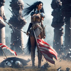 Warrior woman in armor on battlefield with fallen soldiers and flag