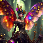 Fantastical woman with fiery wings in celestial landscape