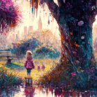 Fantastical landscape with children, trees, city silhouette