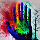 Colorful watercolor painting: Hand with rainbow spectrum dripping, trees silhouettes.