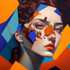 Fragmented surreal artwork: woman's face with vibrant blue eyes, orange and blue geometric shapes