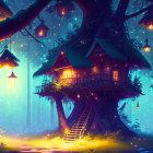 Enchanting treehouse with lanterns in mystical forest under starry sky