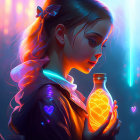 Vibrant neon illustration of woman with heart-shaped bottle in glowing lights