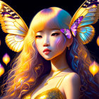 Golden-haired woman with butterfly wings amidst glowing flowers on dark backdrop