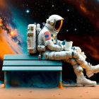 Astronaut Contemplating Space on Blue Bench