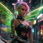 Fantasy character with green glowing wings and gothic armor in neon-lit setting