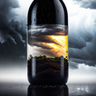 Glass capsule with thunderstorm, dramatic clouds, lightning, vivid sunset, rain reflections