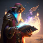 Wizard in Purple Hat Conjures Glowing Orb and Golden Symbols at Dusk