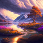 Majestic golden tree in vibrant landscape with electric purple flora