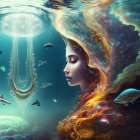 Ethereal underwater scene: serene woman's face, vibrant marine life, coral, flowing hair.