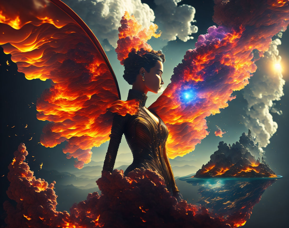 Fantastical woman with fiery wings in celestial landscape