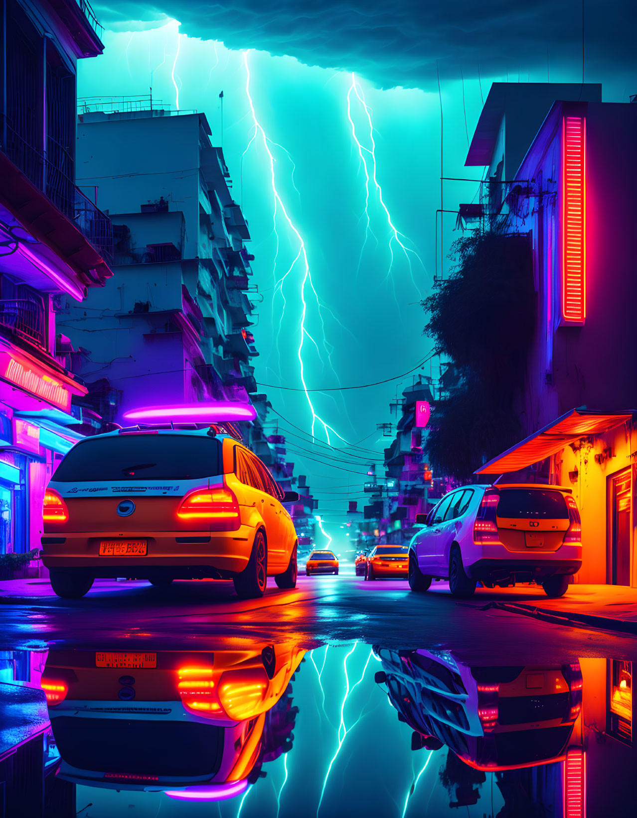 Vibrant neon-lit street scene with parked cars, reflecting in puddles, under dramatic lightning