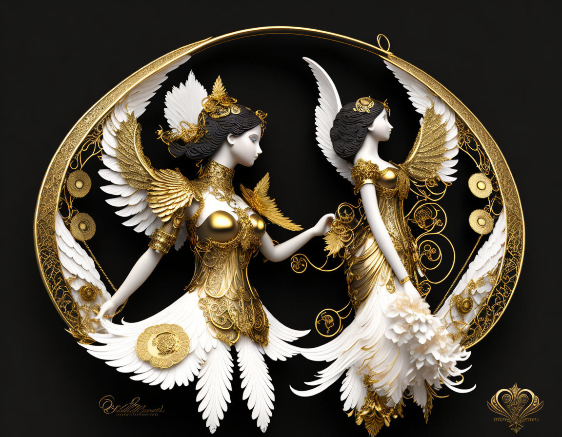 Symmetrical angelic figures in golden costumes on black background