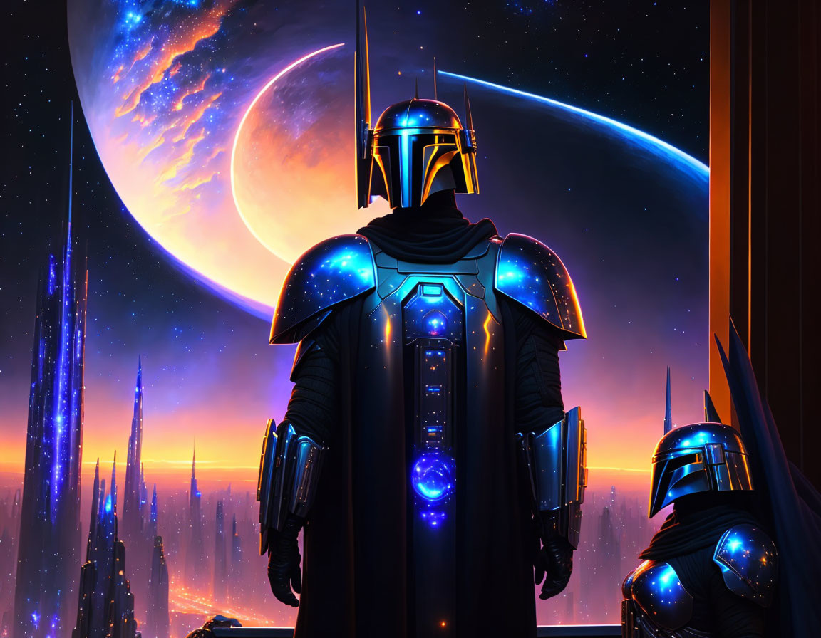 Armored figure gazes at cityscape with planet and rings in the sky