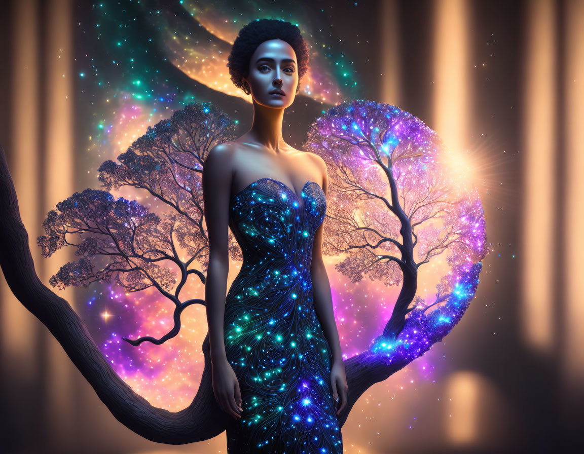 Surreal illustration of woman in cosmos-themed gown among glowing trees