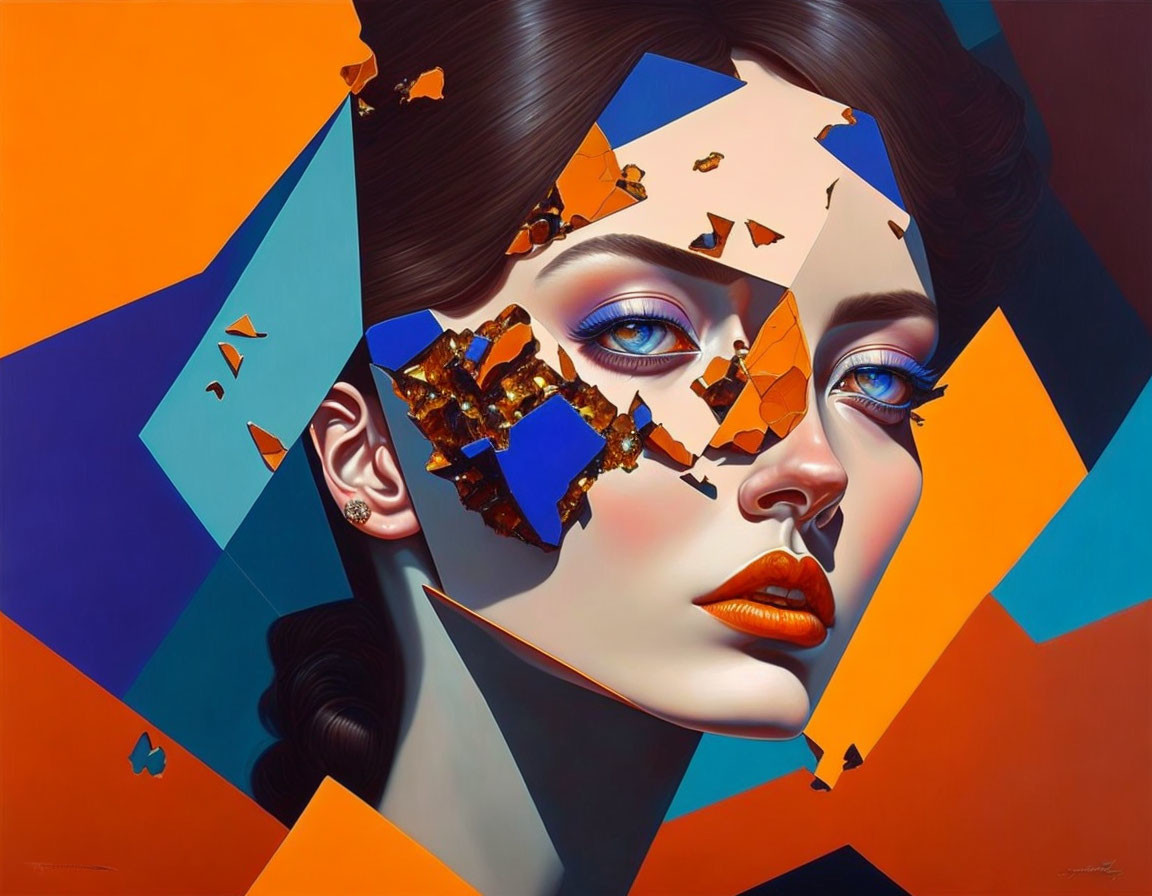 Fragmented surreal artwork: woman's face with vibrant blue eyes, orange and blue geometric shapes