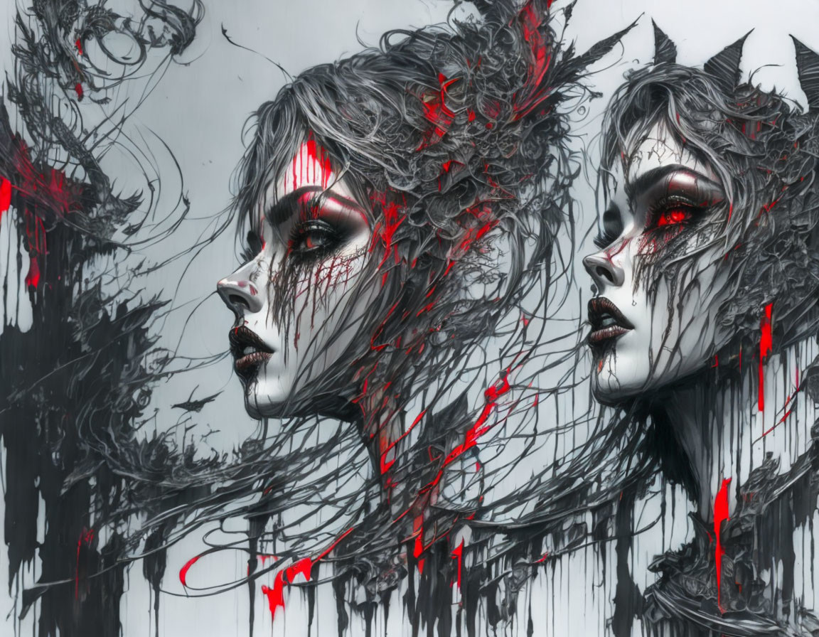 Artistic grayscale portraits of women with red accents and abstract dark streaks