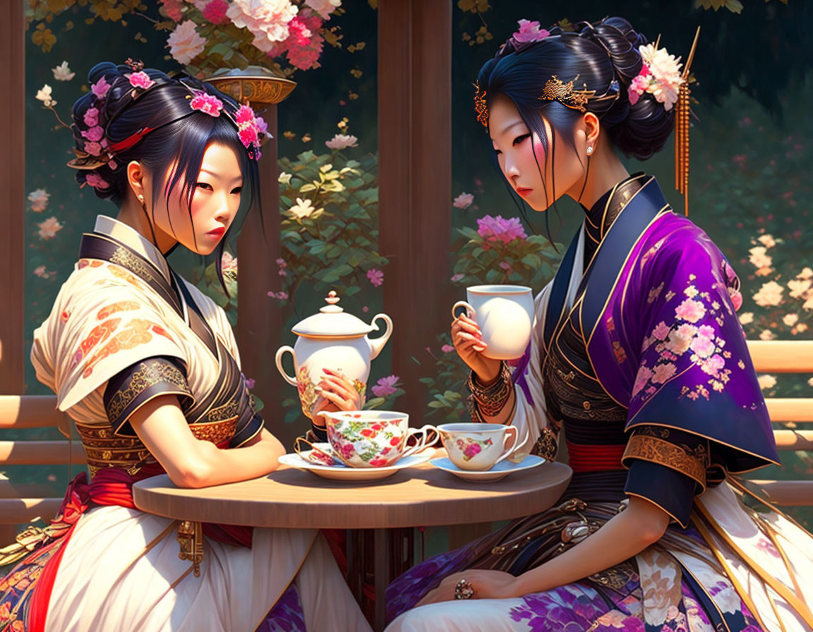 Traditional Asian women in tea ceremony surrounded by lush foliage