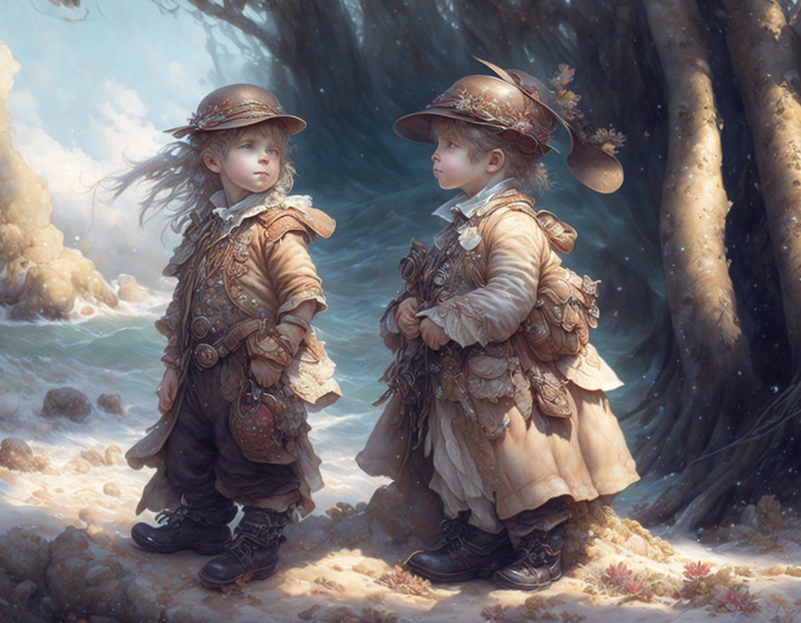 Vintage explorer children near tree in dreamlike setting