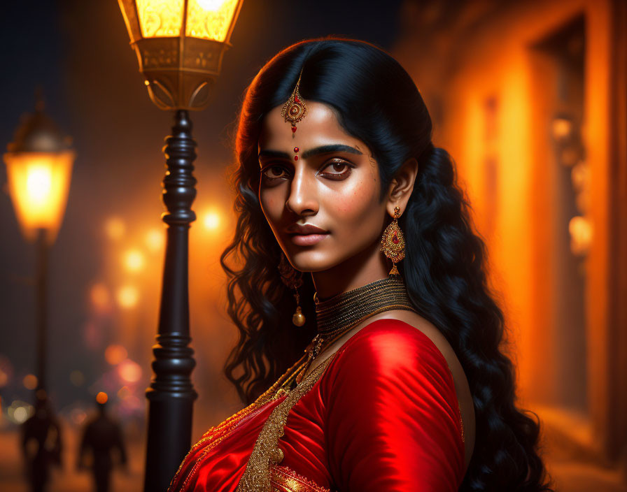 Traditional Indian attire woman by lamp post in warm night lights