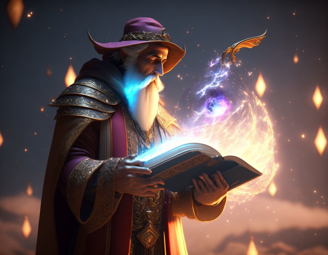 Wizard in Purple Hat Conjures Glowing Orb and Golden Symbols at Dusk