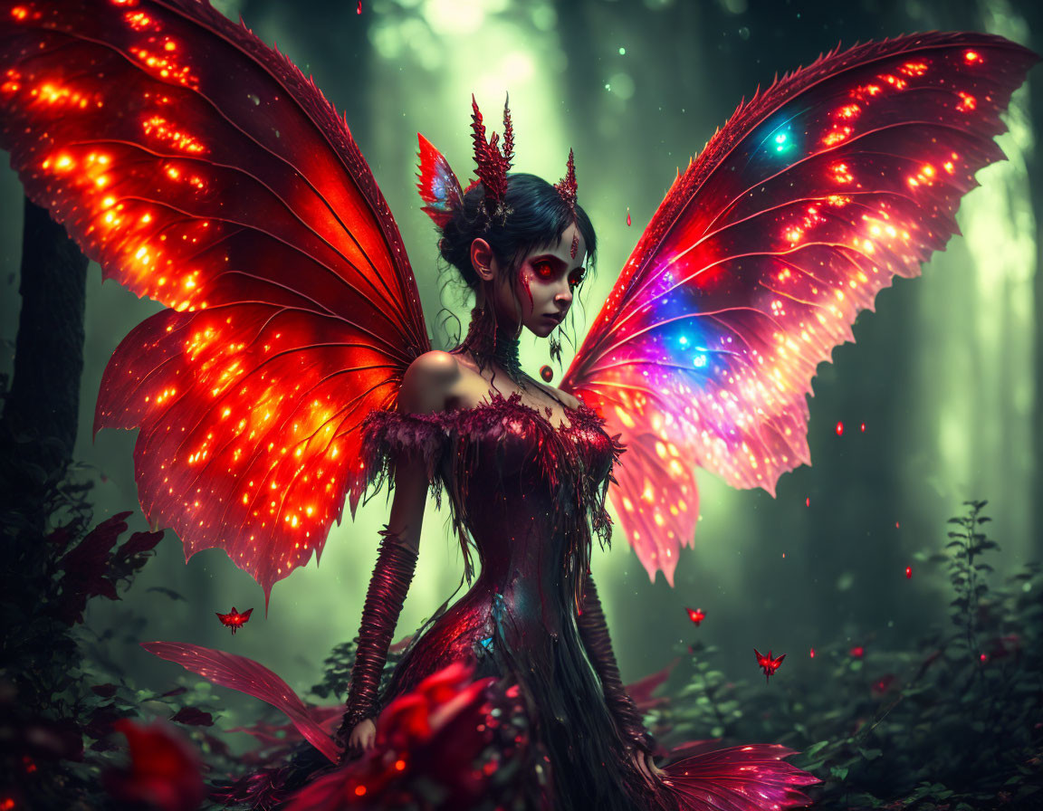 Mystical creature with radiant butterfly wings in enchanted forest