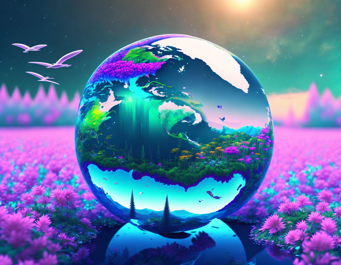 Surreal landscape with glossy globe, ecosystems, purple flowers, starry sky.