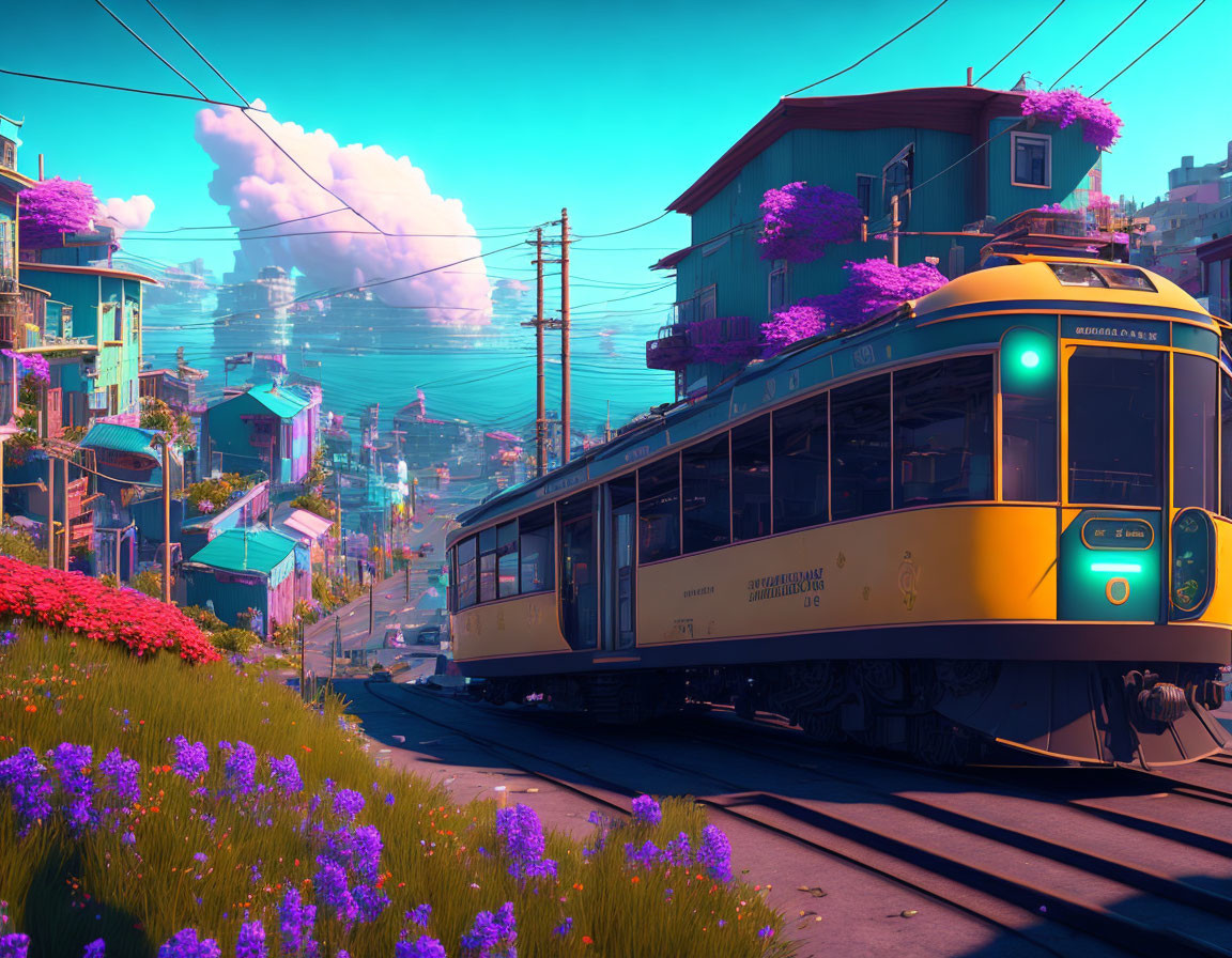 Digital artwork: Yellow tram in picturesque town with purple trees & blue sky