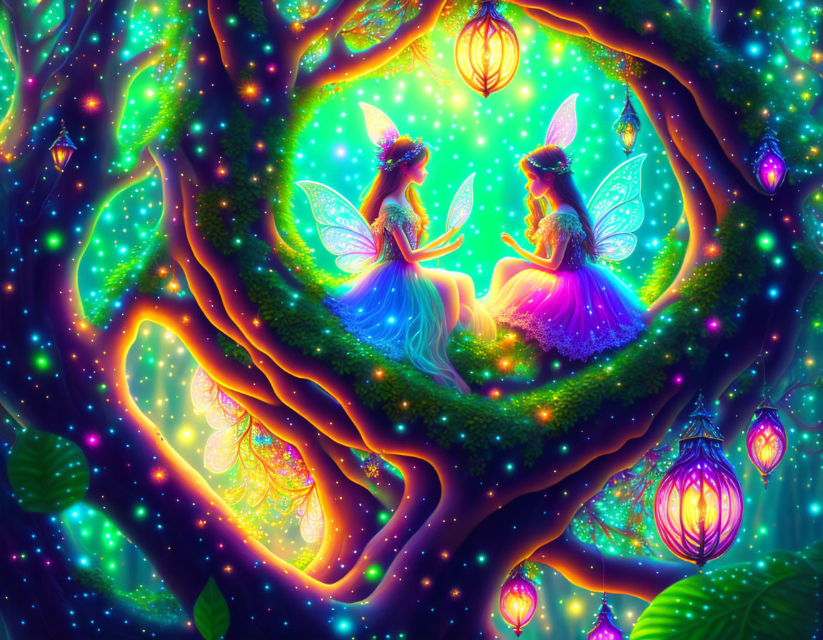 Ethereal fairies with glowing wings in enchanting forest