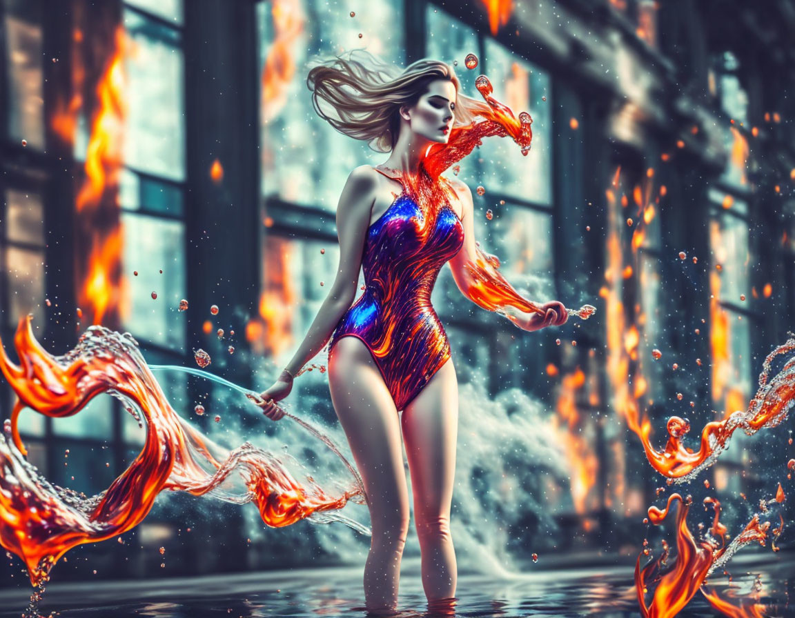 Woman in shimmering bodysuit controls fiery and watery elements in fantasy scene