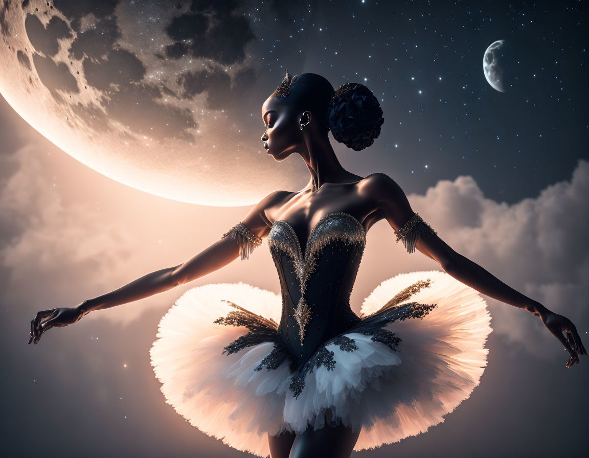 Ballet dancer in tutu poses under night sky with moons