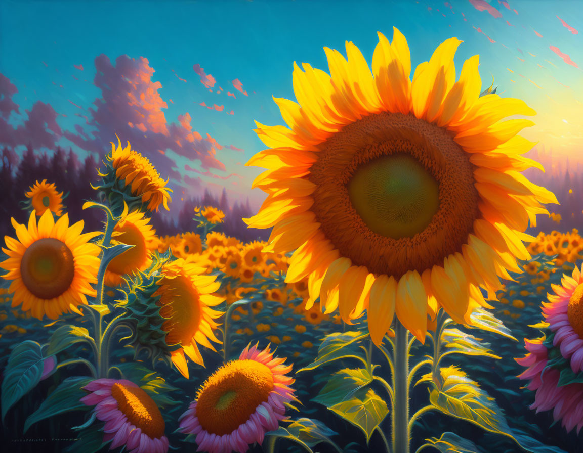 Sunflower Field Sunset Scene with Radiant Sky Colors